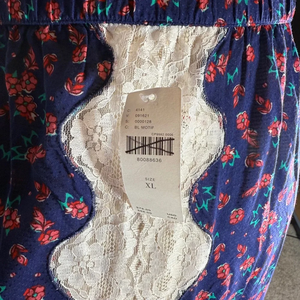 by Anthropologie Floral Lace Trim Pajama Pants Wide Leg Blue Pink Green XL NWT